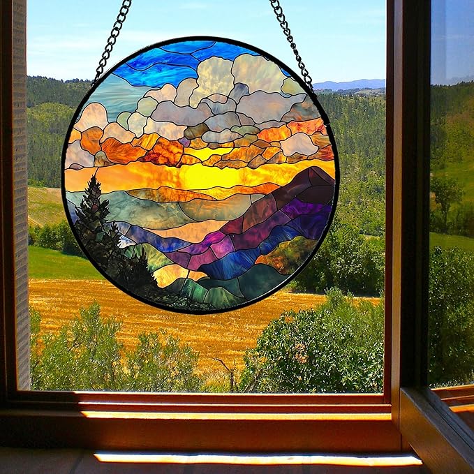 Stained Glass Window Hanging, Abstract Clouds Mountains Landscape Suncatcher for Doors Window Home Sun Catchers Decor Mother's Day Birthday Gifts for Women, Men Mom 7.8 in