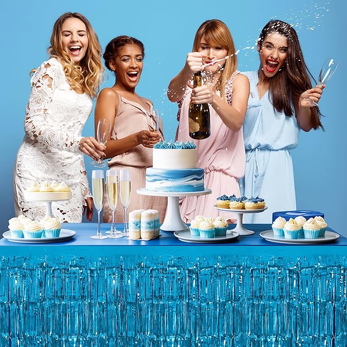 1 Pack Lake Blue Table Skirts, 29x108" Metallic Foil Tinsel Fringe Table Skirts for Rectangle Tables Streamer Curtains Backdrop, Party Decorations for Birthdays Weddings Holidays
