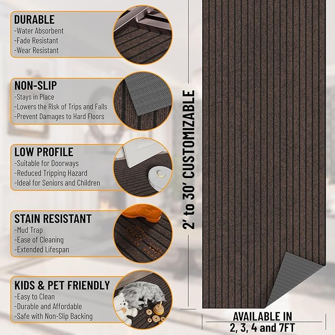 Ottomanson 2'7" x 50' Hallway Runner with Scraper Pile - Extra Durable Non-Slip Rug Mat for Indoor & Outdoor Use - Ideal for Kitchen, Entryway & Garage - High-Traffic Carpet, Brown