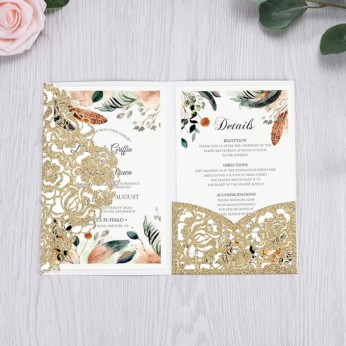 DORIS HOME 50pcs Laser Cut Wedding Invitations with Envelopes Gold Glitter, 4.7x7.1 Personalized Invitation Cards for Wedding, Anniversary Invitations with Envelopes