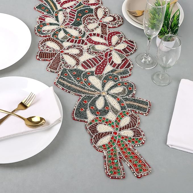 Elegant Glass Beads Table Runner 13x36 - Handcrafted Beaded Table Linen, Perfect for Weddings, Festive Celebrations, Dining Tables, Home Décor, and Everyday Use (Red White) - CLEENTABLE