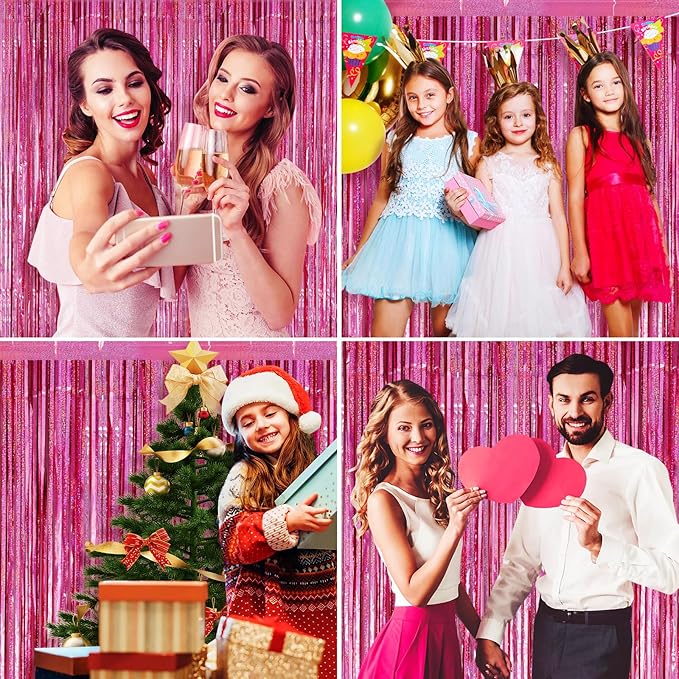 Picoway 4 Pack Pink Foil Fringe Tinsel Backdrop Curtains, Birthday Engagement Bachelorette Party Decorations, Photo Booth Props Door Streamers Curtain