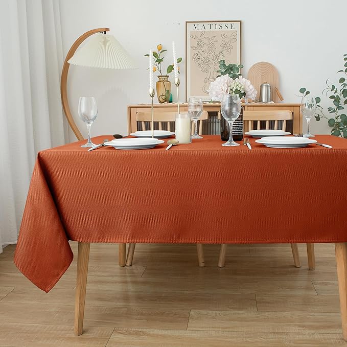 Biscaynebay Fall Tablecloth Textured Fabric 70x108 Inch Rectangular, Rust Thanksgiving Autumn Harvest Water Resistant Fabric Tablecloths for Kitchen, Dining, Wedding, Parties Machine Washable