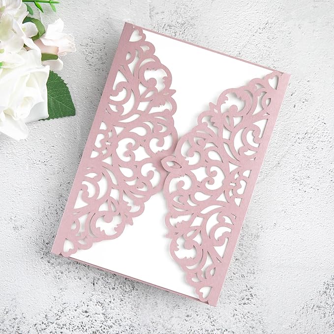 20Pcs Dusty Rose Laser Cut Invitation Cards With Blank Inner Sheets for Wedding Cards Bridal Shower Engagement Quinceanera Invitation (No Envelopes)
