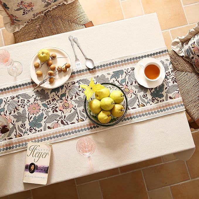 ISAENNE Designer Bohemian Linen Table Runner 87 Inches Long,Elegant Lotus Flowers Pattern Decor Table Runners for Dining Tables,Thanksgiving,Kitchen Tables,Christmas,12"*87"-Hazel A