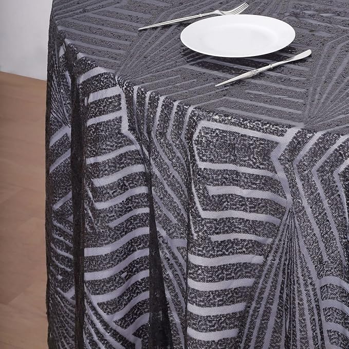 Efavormart 120" Black Sparkly Sequin Geometric Tulle Round Tablecloth