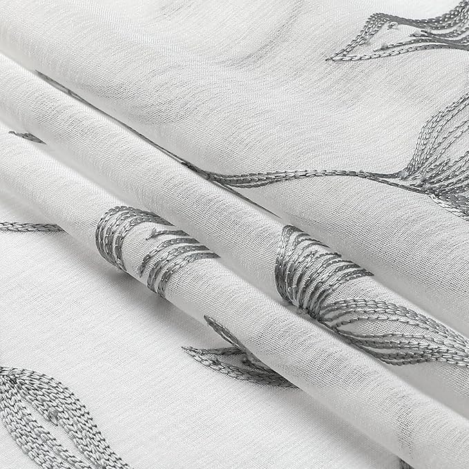 VISIONTEX Sheer Curtains 108 Inch Length 2 Panels, Decor Iron Grey Vine Leaves Embroidery on White Voile Pair, Accent Semi Window Drapes for Kitchen, Living Room and Bedroom, 54" W x 108" L