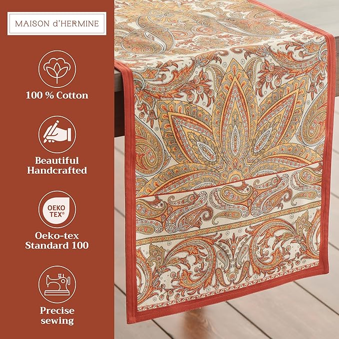 Maison d' Hermine Table Runner 100% Cotton Double Layer Table Runners 72 inches Long for Thanksgiving Christmas Decorations Home Kitchen Dining Party Wedding (Kashmir Paisley, 14.5" x 72")