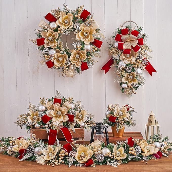 5ft Handcrafted Premium Christmas Garland Glittery Glam Magnolia - Unlit, Artificial for Stairs Railing, Banister, Staircase, Fireplace HOLIDAY TREE