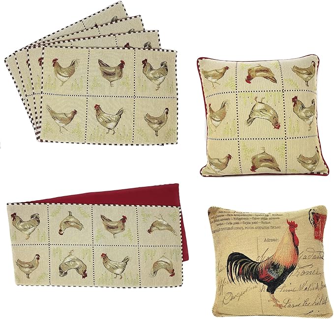 Tache Farmhouse Rooster Table Runner 90 inches Long Country Hens Chickens Antique Vintage Traditional Home Decorative Woven Tapestry Long Kitchen Dining Table Runners, 13x90