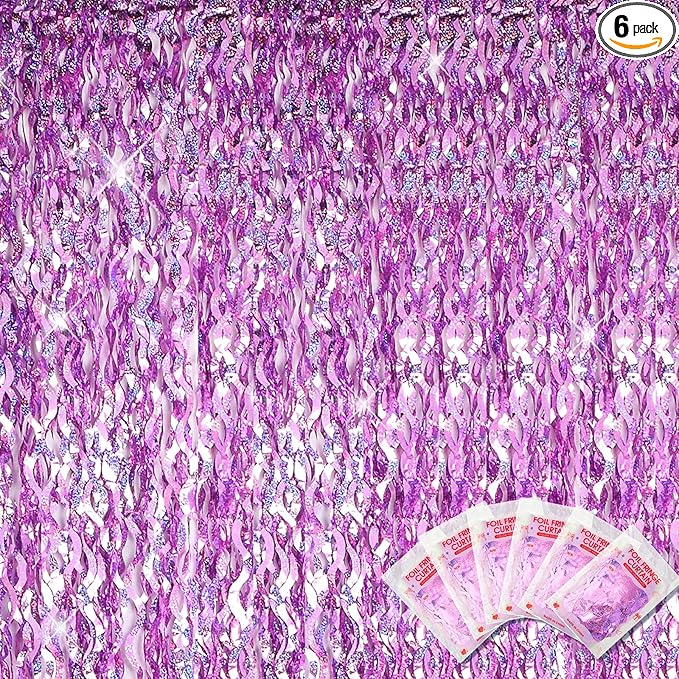 Jutom 6 Pieces 3.3 x 6.6 ft Wavy Tinsel Foil Fringe Curtains Foil Fringe Streamer Backdrop Party Curtain for Sea Mermaid Baby Shower Birthday Party Decoration(Light Purple)