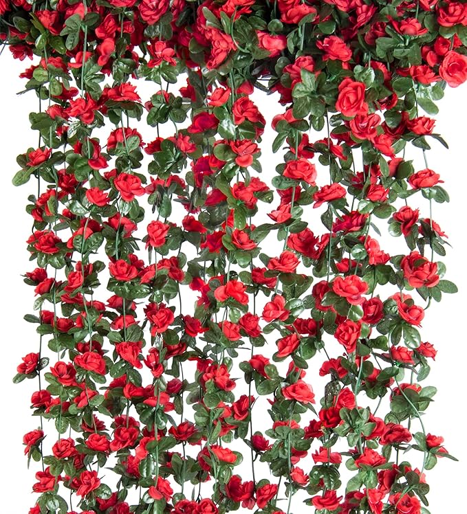 8 Pcs x 8.2 ft Flower Garland Artificial Rose Vine Flowers with Green Leaves Hanging Fake Roses Vine for Room Party Home Wedding Birthday Christmas Wall Arch Decor, Spring Red Flower