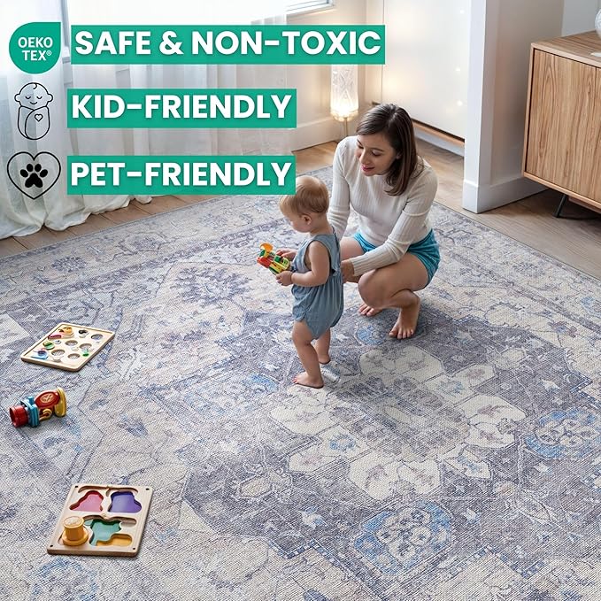 Bloom Rugs Washable Non-Slip 9' x 12' Rug - Blue/Sand Traditional Medallion Area Rug for Living Room, Bedroom, Dining Room, and Kitchen - Exact Size: 9' x 12'