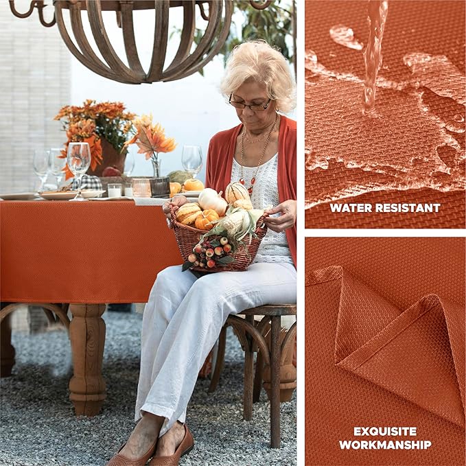 Biscaynebay Fall Tablecloth Textured Fabric 90x132 Inch Rectangular, Rust Thanksgiving Autumn Harvest Water Resistant Fabric Tablecloths for Kitchen, Dining, Wedding, Parties Machine Washable