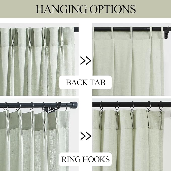 Vision Home Soft Green Pinch Pleated Semi Sheer Curtains Textured Linen Blended Light Filtering Window Curtains 102 inch for Living Room Bedroom Patio Pinch Pleat Drapes with Hooks 1 Panel 60"Wx102"L
