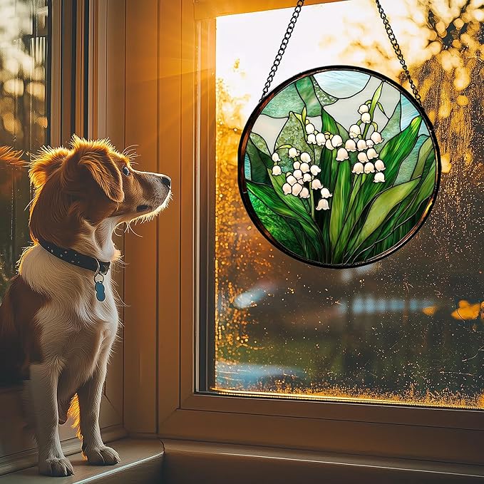 Stained Glass Window Hanging - White Green Lily of The Valley Suncatcher for Doors Garden Terrace Plant Sun Catchers Decor Mother's Day Birthday Flowers Gifts for Women Men Mom 7.8 in