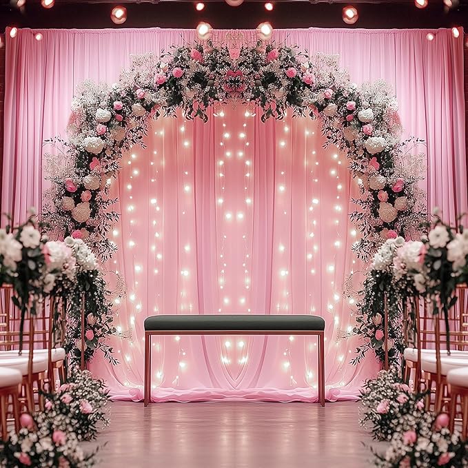 60ftx12ft Wrinkle Free Pink Backdrop Curtain, 12 Panels 12FT Height Pink Wedding Backdrop Drapes, Silky Polyester Back Drop Cloth for Birthday Photography Background Party Backdrop Draping