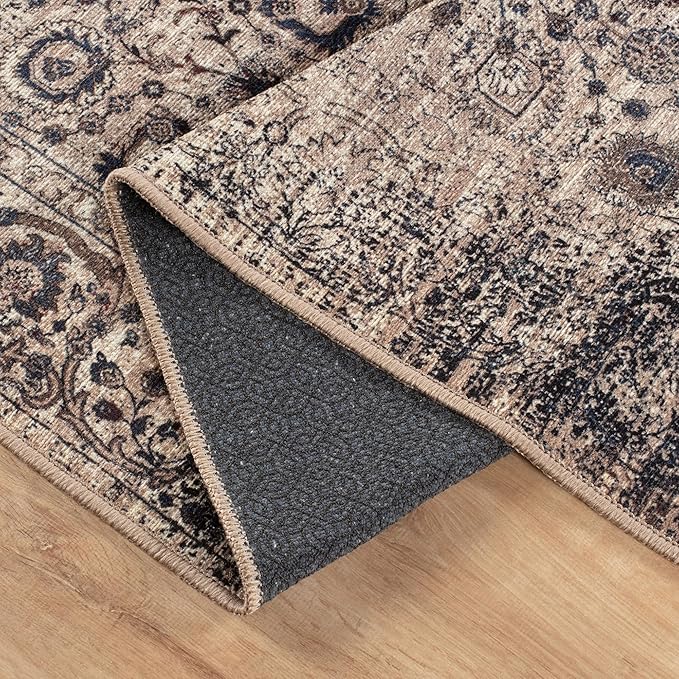 Bloom Rugs Washable Non-Slip 12 ft Runner - Light Tan/Blue Traditional Oriental Runner for Entryway, Hallway, Bathroom, and Kitchen - Exact Size: 2.5' x 12'