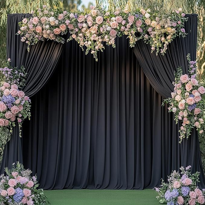 60ftx14ft Wrinkle Free Black Backdrop Curtain, 12 Panels 14FT Height Black Wedding Backdrop Drapes, Silky Polyester Back Drop Cloth for Birthday Photography Background Party Backdrop Draping