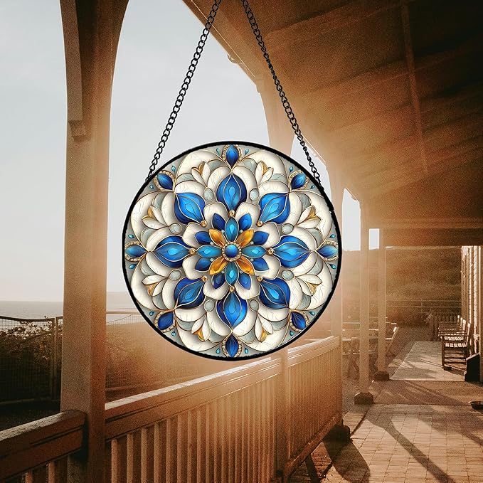 Stained Glass Window Hanging - Blue and White Abstract Flowers Suncatcher for Door Terrace Garden Home Decor, Gold Sun Catcher Birthday Gifts for Lovers Women Men Dad Mom Nana 9.8 in