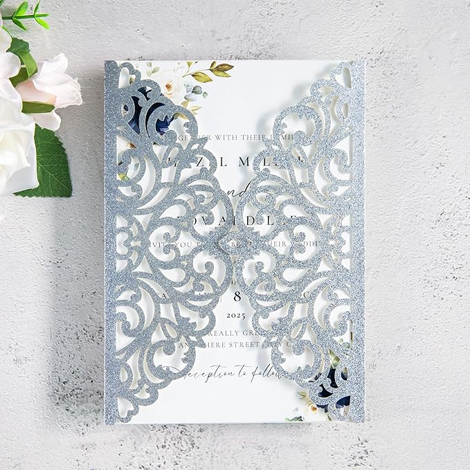 20Pcs Silver Glitter Laser Cut Invitation Cards With Blank Inner Sheets for Wedding Cards Bridal Shower Engagement Quinceanera Invitation (No Envelopes)