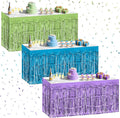 3 Pack Blue Green Purple Table Skirts, 29x108" Metallic Foil Tinsel Fringe Table Skirt for Rectangle Tables Streamer Curtains Backdrop, Party Decorations for Birthdays, Weddings, Holidays