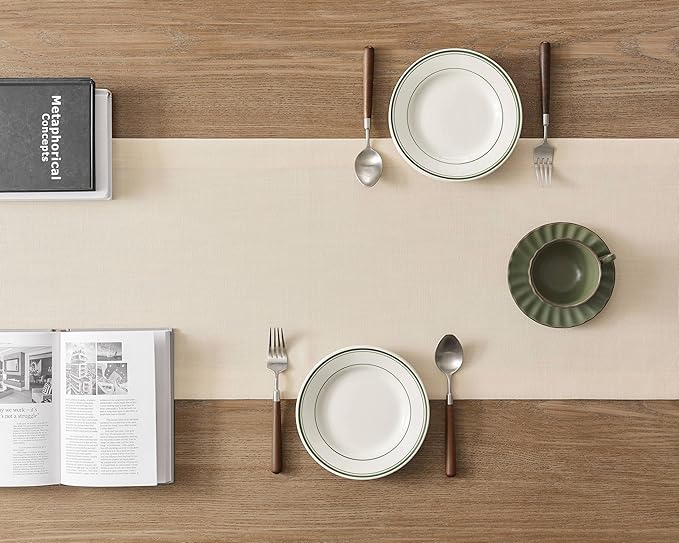 ZeeMart Linen Textured Border Table Runner, 14 x 60 Inch Cream, Farmhouse Style Cream Table Runners 60 Inches Long, Easy Care Everyday Polyester Table Runner