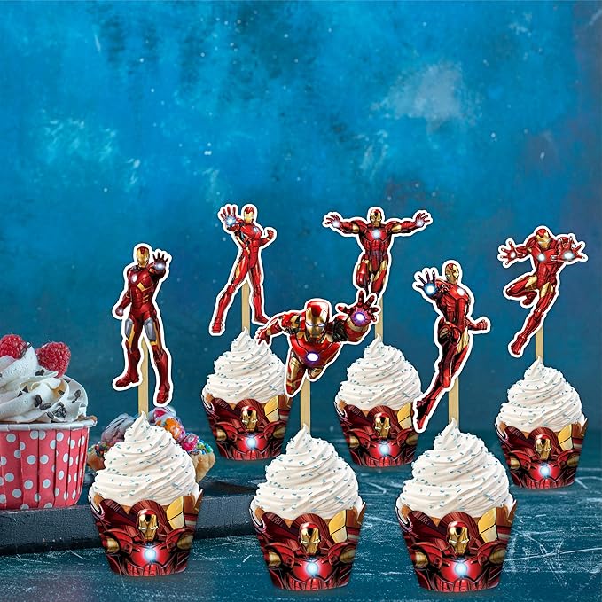 "Irn Man Cupcake Wrapper – Theme Birthday Party Supplies – Cartoon Inspired Cupcake Decoration Wraps for Birthday, Baby Shower, School Events, and Themed Parties"