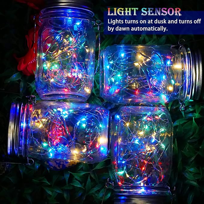 SunKite Solar Mason Jar Lights, 12 Pack 30 LED Waterproof Fairy Firefly Jar Lids String Lights with Hangers(NO Jars), Patio Yard Garden Wedding Decoration - Multicolored2