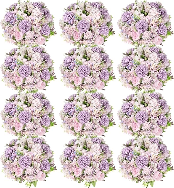 Tigeen Artificial Flowers Artificial Peonies Silk Flowers Faux Peony Fake Peony Silk Hydrangea Bouquet for Wedding Table Centerpiece Floral Vase Decor(Light Purple,12 Bundles)