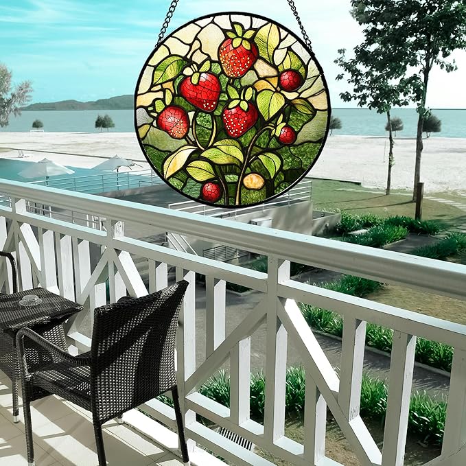 Stained Glass Window Hanging - Red Strawberry Suncatcher for Doors Window Home Green Plant Sun Catchers Decor Christmas Mother's Day Birthday Gifts for Teacher Women Men Mom Nana 6.3 in