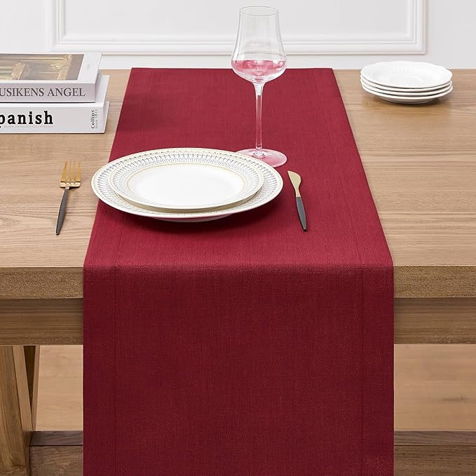 ZeeMart Linen Textured Border Table Runner, 14 x 72 Inch Red, Farmhouse Style Red Table Runners 72 Inches Long, Easy Care Everyday Polyester Table Runner