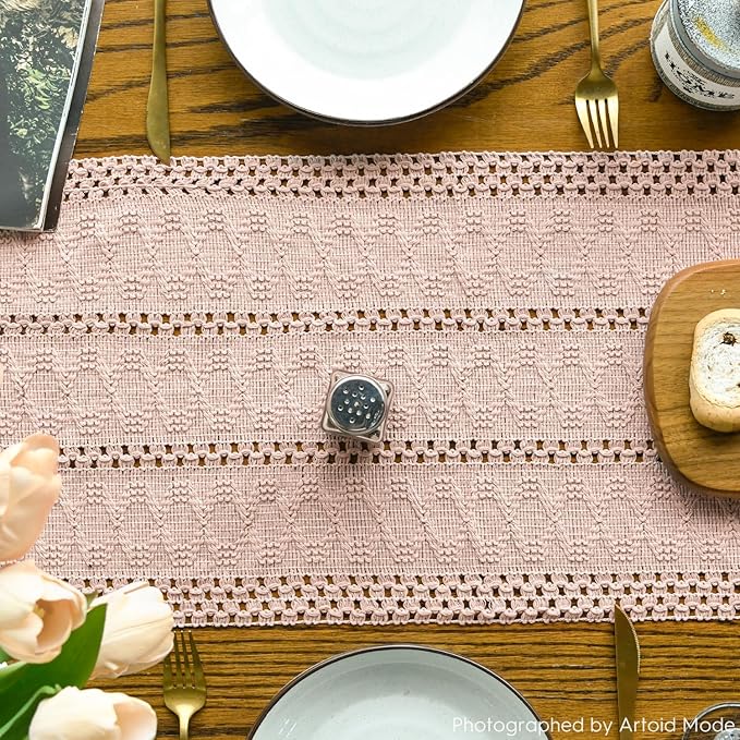 Artoid Mode Pink Farmhouse Woven Rustic Hollow Table Runner, Seasonal Holiday Hollow Kitchen Dining Table Decoration for Home Party Decor 12x108 Inch