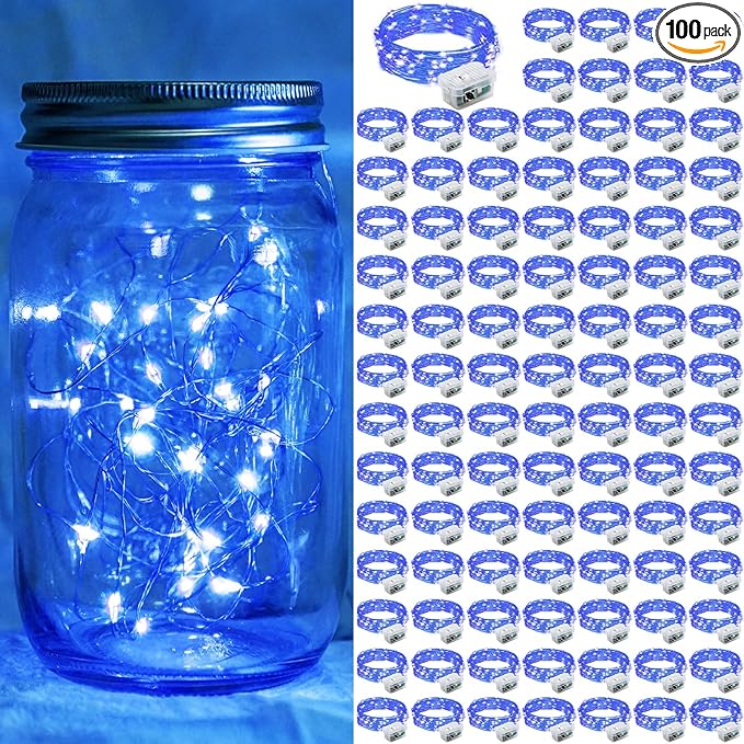 100 Pack Blue Fairy Lights 7Ft 20 LED Twinkle String Lights 3 Modes Battery Operated Waterproof Firefly Starry for Mason Jar Party Wedding Christmas Valentines Day Table Centerpieces