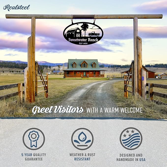 RealSteel Personalized Farm Sign - Custom Design Metal Family Name Sign - Weather & Rust Resistant - Rustic Charm - Choose Your Design - Home Decor - Outdoor Customized Sign for Ranch House