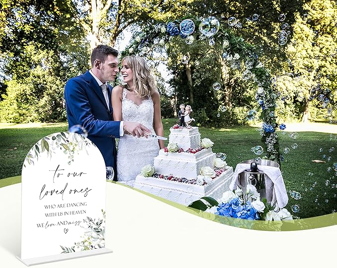 Greenery Wedding Memorial Sign, 6 x 8 Inch White Arch Acrylic Wedding Sign with Holder, Wedding Decoration, Wedding Supplies