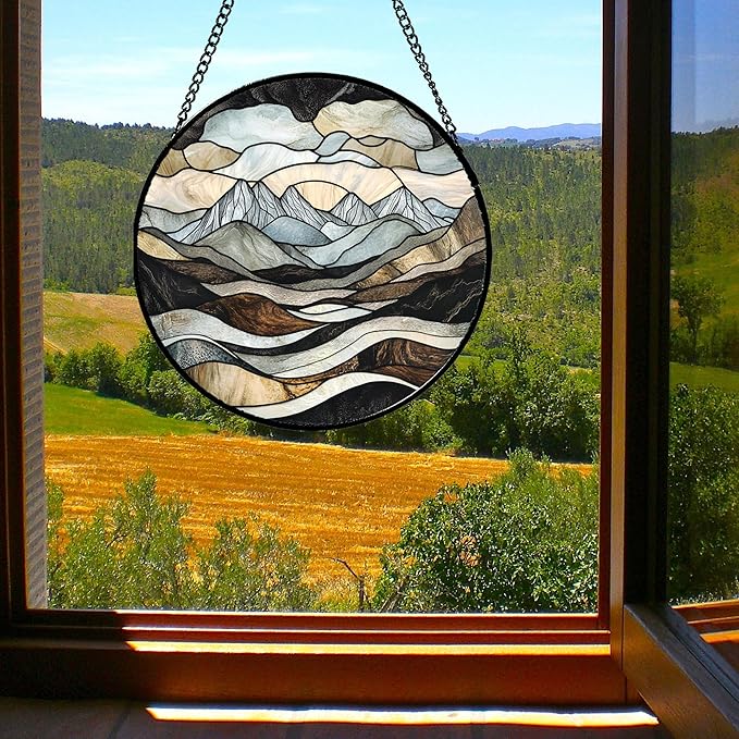 Stained Glass Window Hanging - Grey Mountains Landscape Suncatcher for Doors Garden Patio Retro Sun Catchers Decor Christmas Mother's Day Birthday Gifts for Women Men Mom Nana Friend 7.8 in