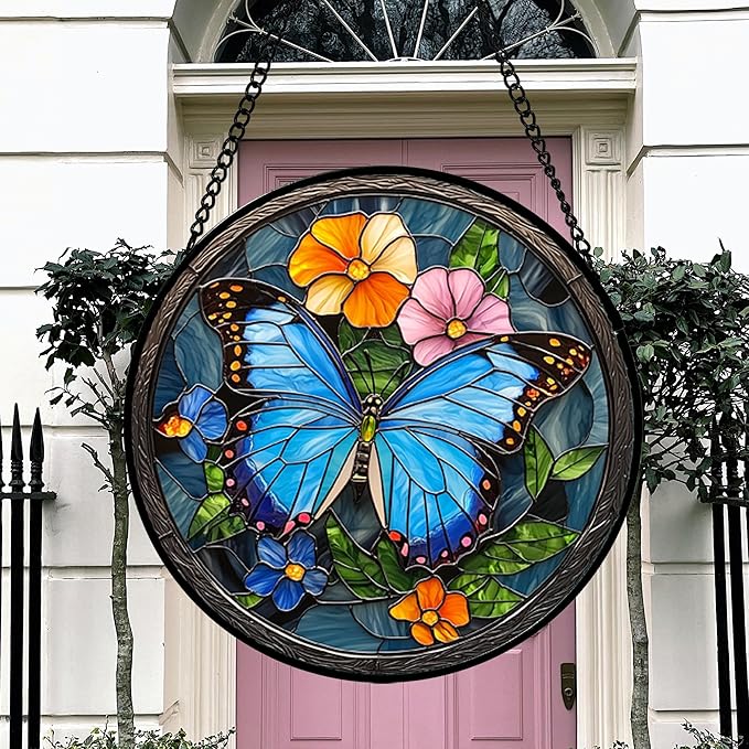 Stained Glass Window Hanging, Blue Butterfly Flower Suncatcher for Doors Home Sun Catchers Decoration and Christmas, Mother's Day Birthday Gifts for Women, Men, and Mom 14.9 in