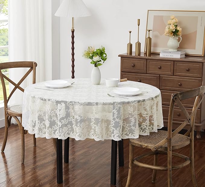 LinenZone Ivory Round Tablecloth for Rustic Vintage Decor. Sheer Lace Works Great As Wedding, Thanksgiving or Christmas Tablecloth (Mia 70 Round, Ivory)