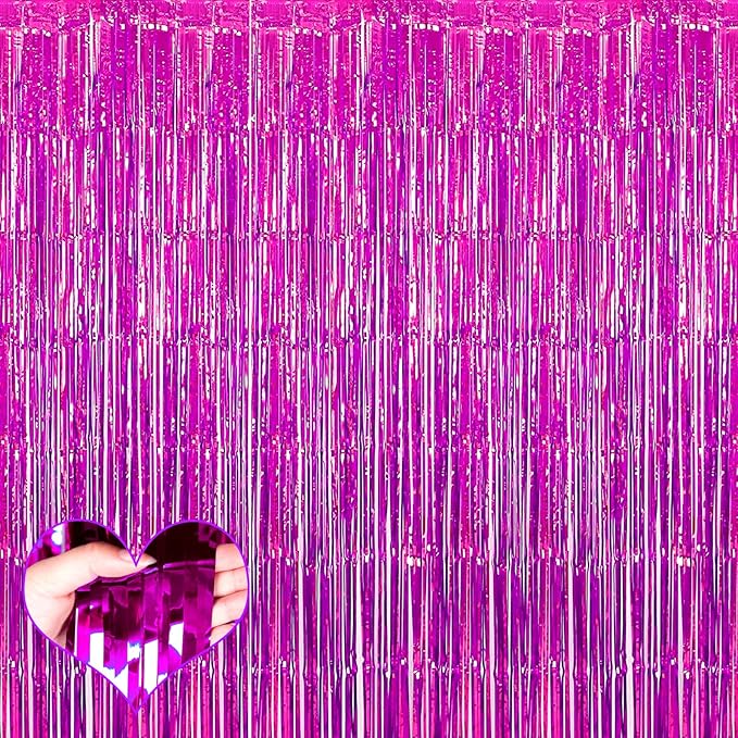 4 Pack Fuchsia Fringe Curtain Backdrop, 3.2Ft x 6.6Ft Metallic Tinsel Foil Fringe Streamers Curtains Background for Photo Booth Birthday Wedding Baby Shower Party Thanksgiving Christmas Decorations