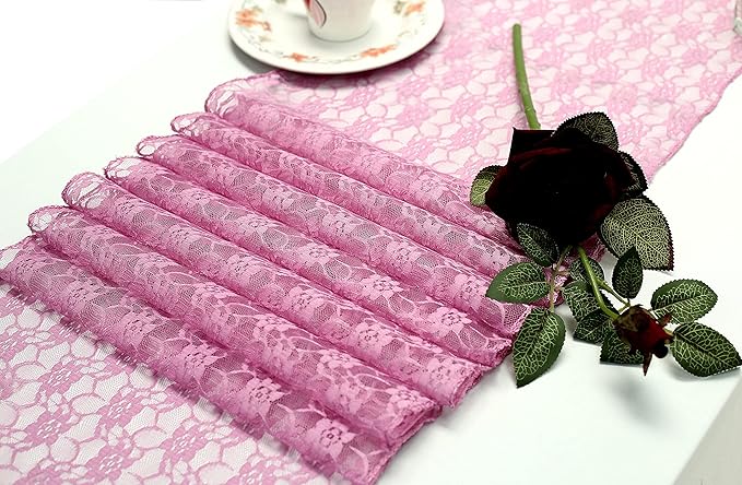 MDS Pack of 5 Wedding 12 x 108 inches Lace Table Runner for Wedding, Decorations for Birthday Parties, Banquets, Graduations, Engagements, and Runners fit Rectangle, Round Table- Dusty Pink