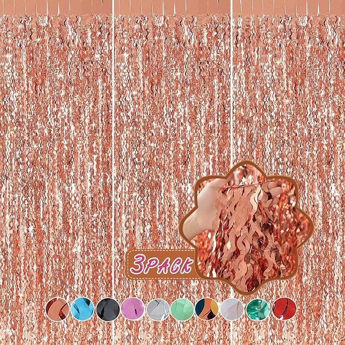 Wavy Fringe Curtain - Rose Gold, 3.3 ft x 6.6 Feet, Pack of 3 | Party Decorations, Streamers for Birthday Backdrop