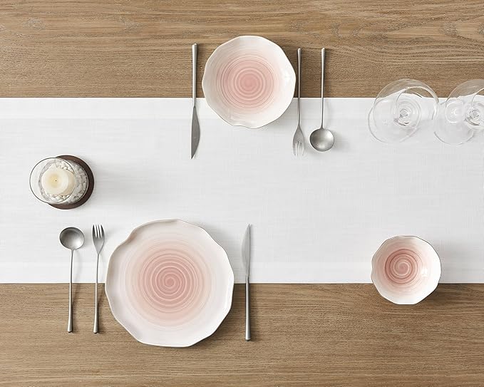 ZeeMart Linen Textured Border Table Runner, 14 x 48 Inch White, Farmhouse Style White Table Runners 48 Inches Long, Easy Care Everyday Polyester Table Runner