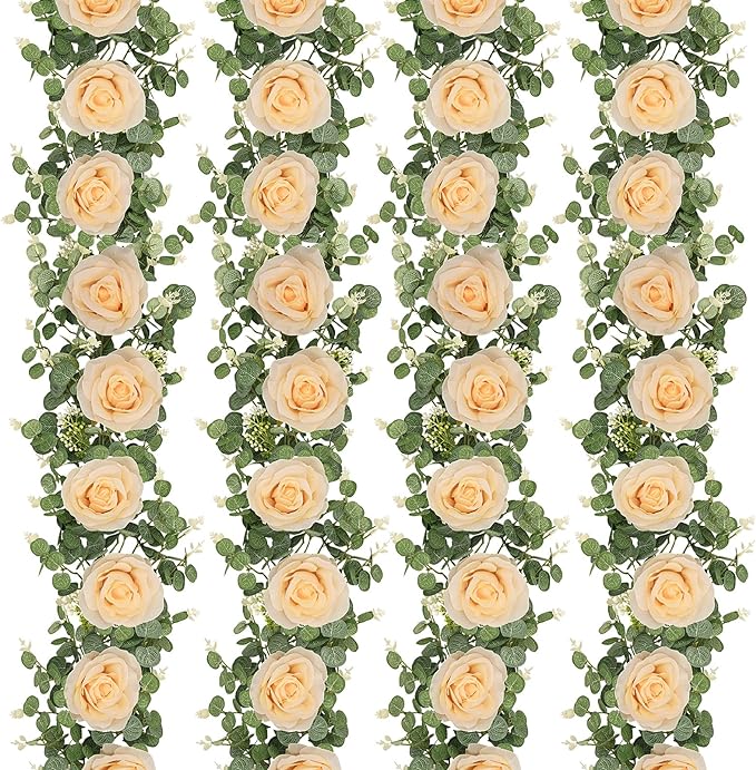 Dolicer 4Pcs 26Ft Artificial Eucalyptus Garlands with Flowers - 8 Roses, Faux Floral Greenery Garlands Fake Flowers Vines for Wedding Table Centerpieces Arch Party Ceremony Backdrop Decor (Champagne)