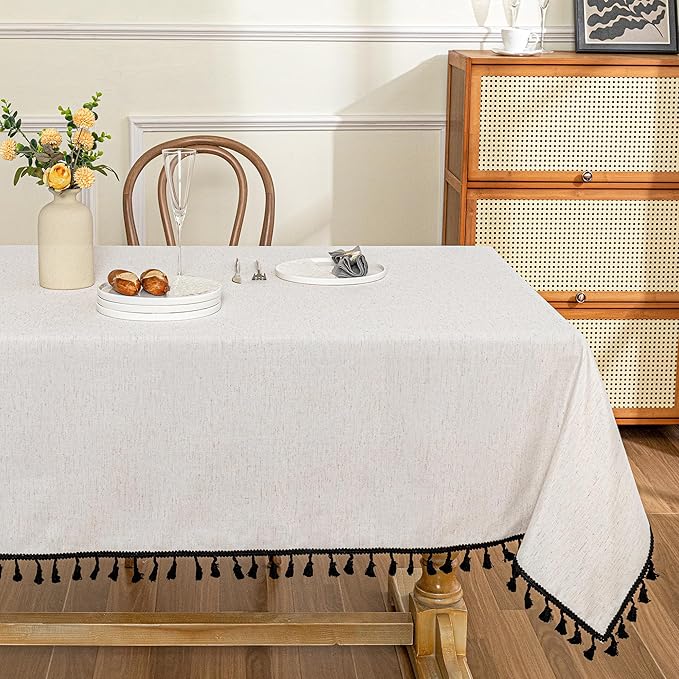MYSKY HOME Table Cloth 60x102 in Rectangle Table, Cotton Tassel Linen Look Waterproof Tablecloths Farmhouse Tablecloth, Wrinkle Free Table Cover with Black Tassels for Kitchen Dining, Party