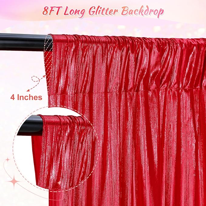 Christmas Backdrop Curtains Glitter Fabric - 4.8x8FT 4 Panels Red Background for Baby Shower Birthday Photography Decoration (19.2x8FT)