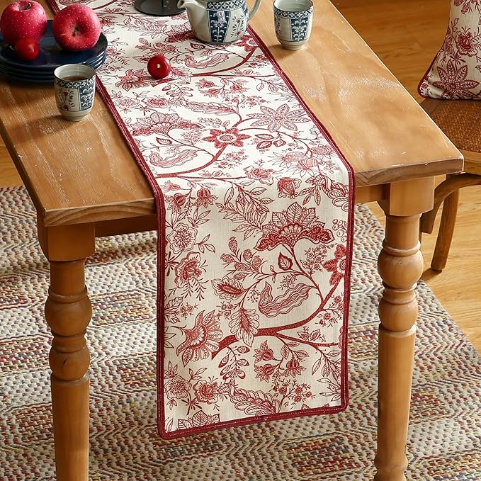 ISAENNE Designer Chinoiserie Elegant Linen Table Runner 87 Inches Long,Red Floral Pattern Decor Table Runners for Thanksgiving,Dining Room,Banquet,Kitchen Tables,Christmas,12"*87"-Ruyi A