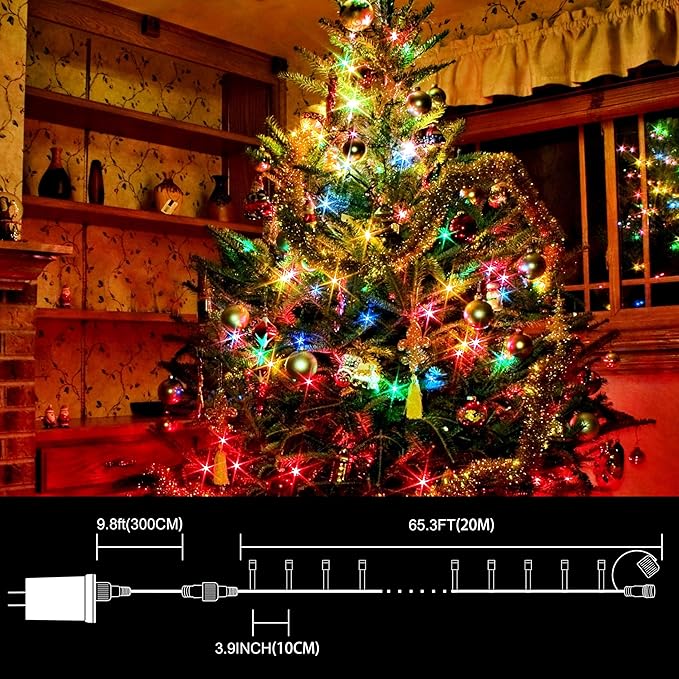 LAMPHOME 66ft Christmas Decorative Mini Lights, 200 LED Transparent Wire Fairy Starry String Lights Plug in, 12 Lighting Modes for Outdoor Xmas Tree Wedding Party Decoration (Warm and Multicolor)