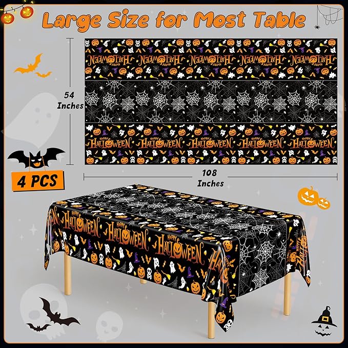 QZYL 4 Pack Halloween Tablecloth, 54" x 108" Halloween Decorations, Pumpkin Design Disposable Tablecover Plastic Table Cloth, Spider Webs Decorations Party Supplies Tableware Indoor
