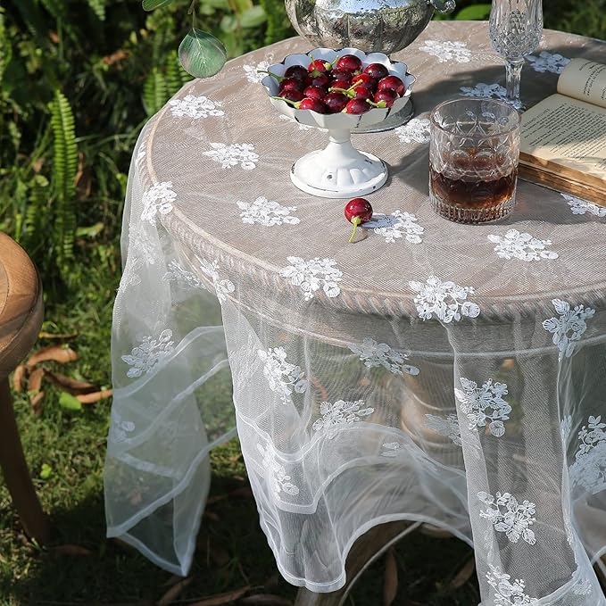 patdrea Designer White Lace Elegant Tablecloth for Rectangle Tables,Vintage Tulle French Romantic Knitted Embroidered Overlay Tablecloths Decor for Kitchen Wedding Banquet,59"*83"